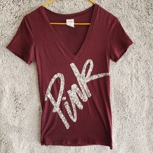 Used Sz XS VS PINK Sequin Logo T-Shirt V-Neck